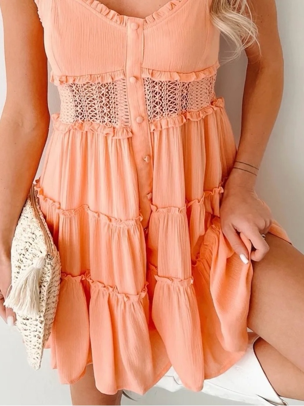 Peach Ruffle Tiered Button-Front Mini Dress